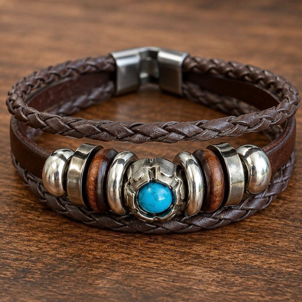 Ibiza Multi-Strand Brown Vegan Leather Cuff Bracelet Turquoise Accent